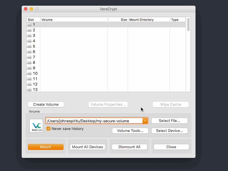 Mounting a volume on VeraCrypt